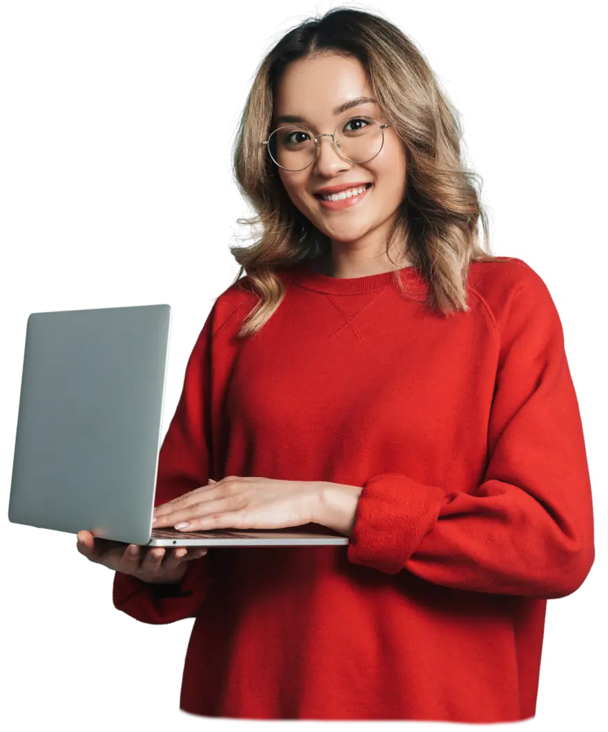 girl in red holding a laptop