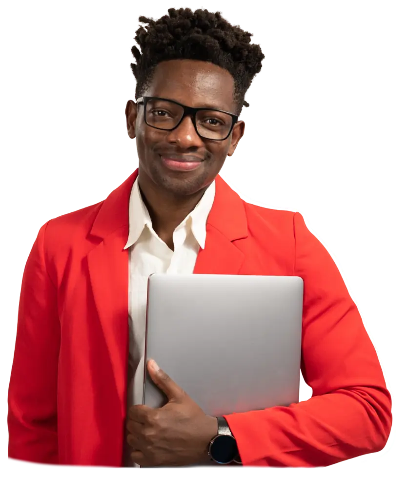 man in red holding tablet