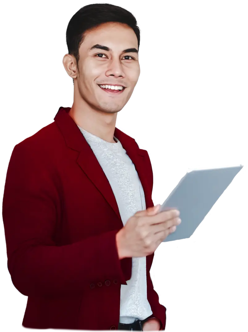 man in red holding a tablet