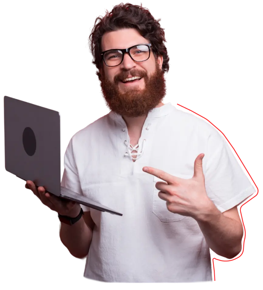 man in white holding laptop