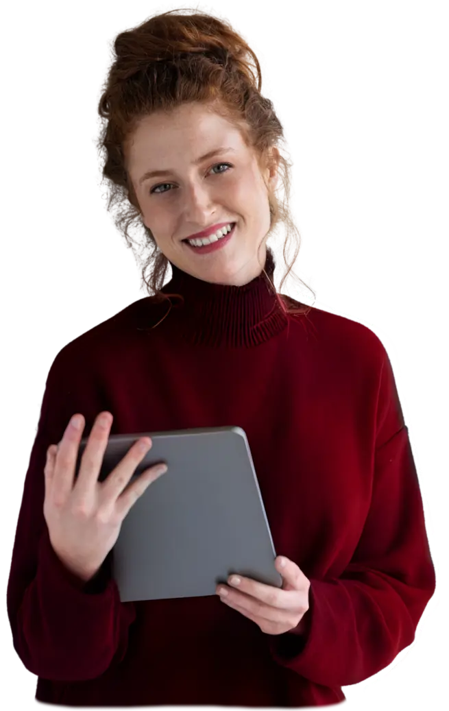 woman in red holding a tablet